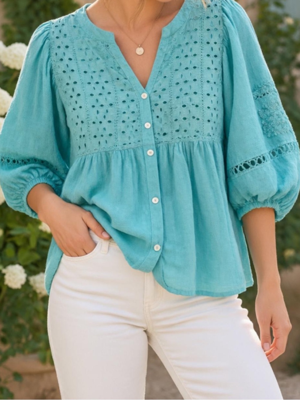 Sundance Turquoise Blue Embroidered Eyelet Cotton Blouse